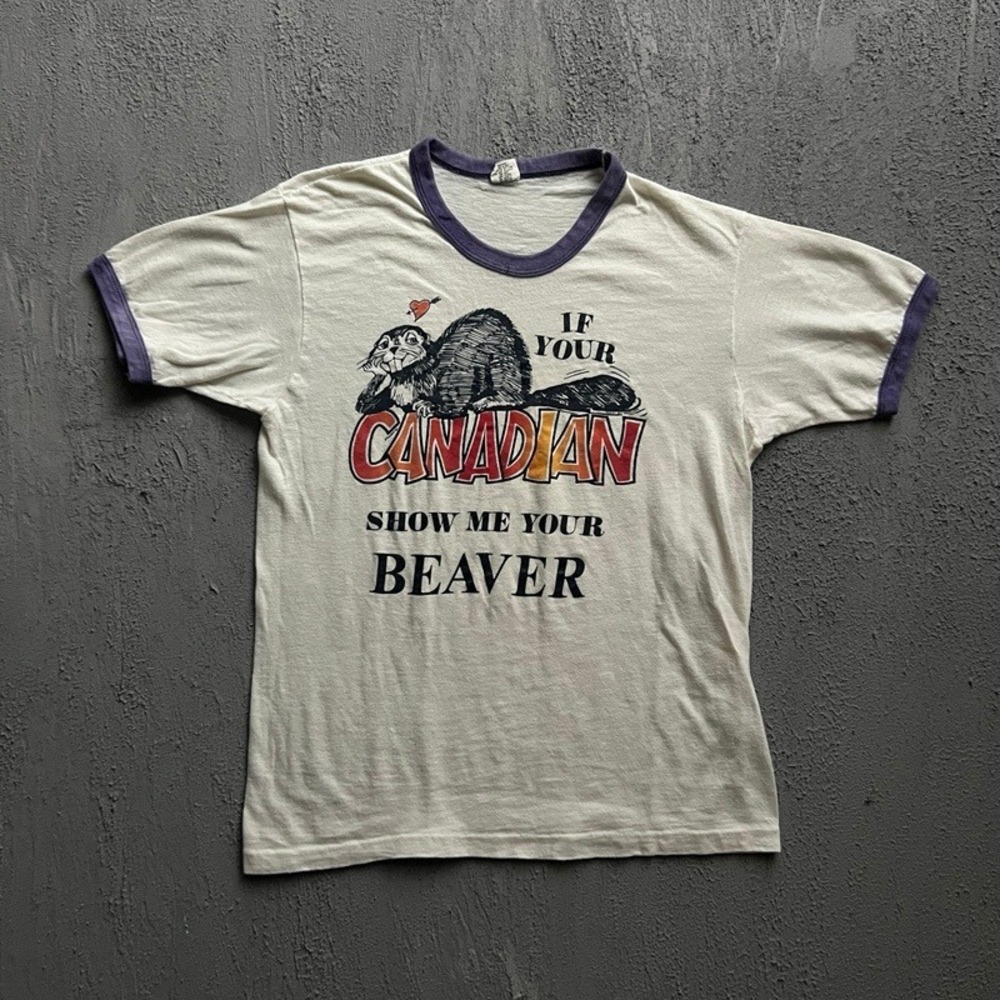Vintage Show Me Your Beaver Shirt Medium White 1970s Canadian Humor